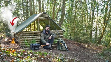 SURVIVAL SHELTER WITH FIREPLACE - BEST FISHING CAMP! Bushcraft alone into the woods!