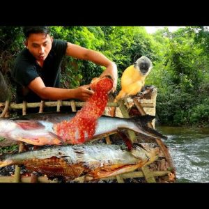 Survival in the rainforest - Man and yellow monkey find food in water meet fish - Eating delicious
