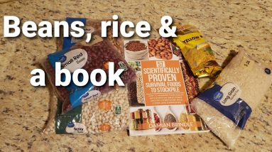 Prepper pantry beans, rice and a survival book. #shtf #prepperpantry #stockpile #survivalfood #beans
